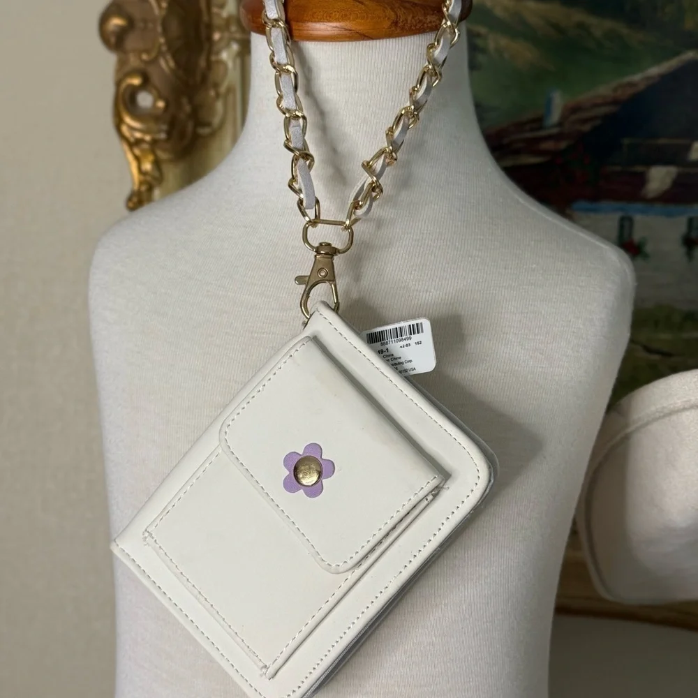 White Wallet with Gold Chain and Purple Flower NWT